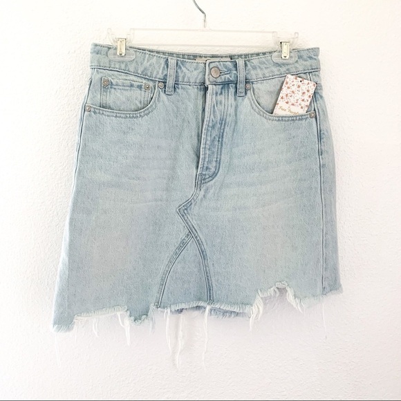 Free People Skirt Going Rogue Denim Distressed Asymmetrical Tidal Wave 25 26 NWT - Picture 2 of 13